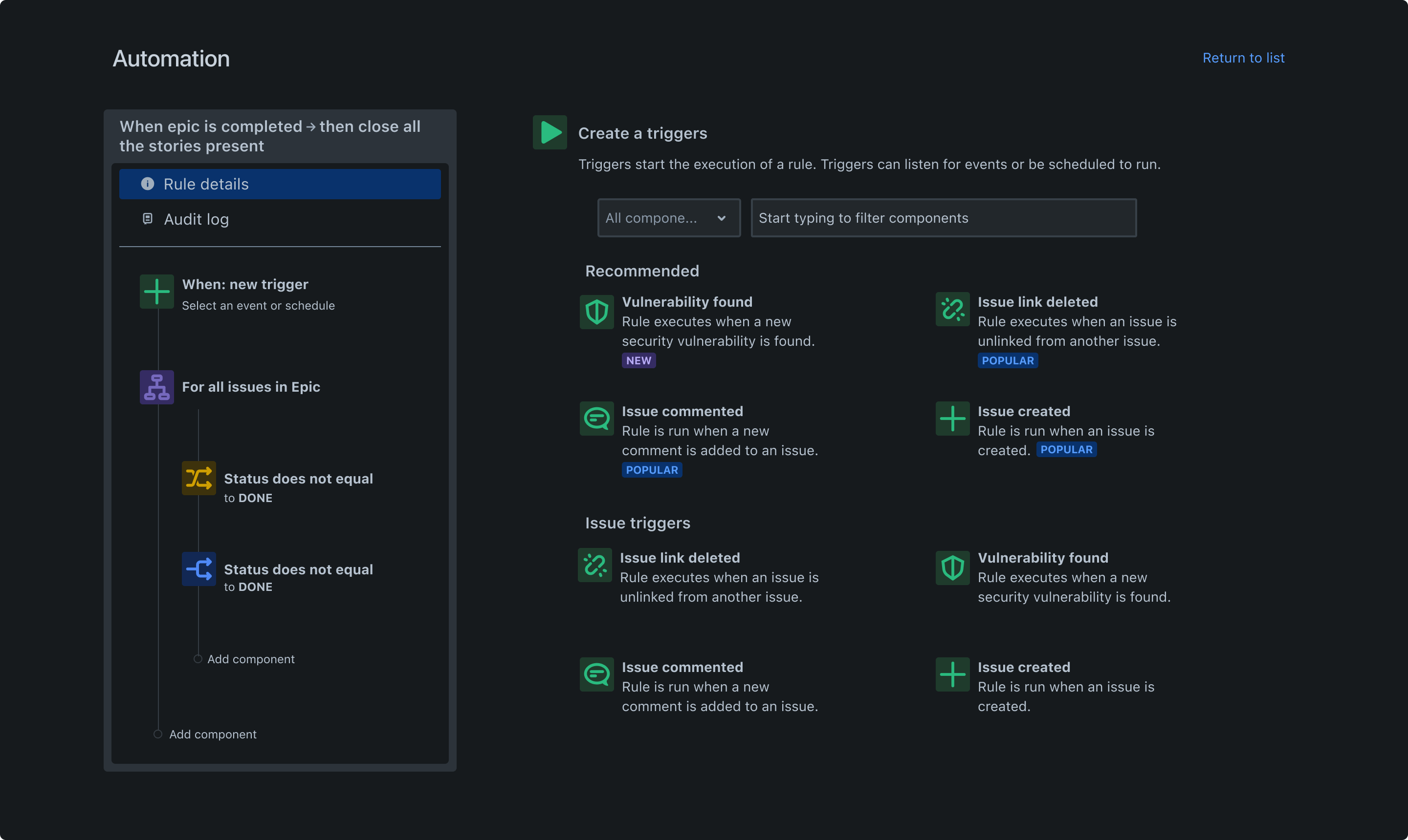 Jira 中的自动化工作流程。例如,当长篇故事完成时,自动化会关闭长篇故事中的所有故事。